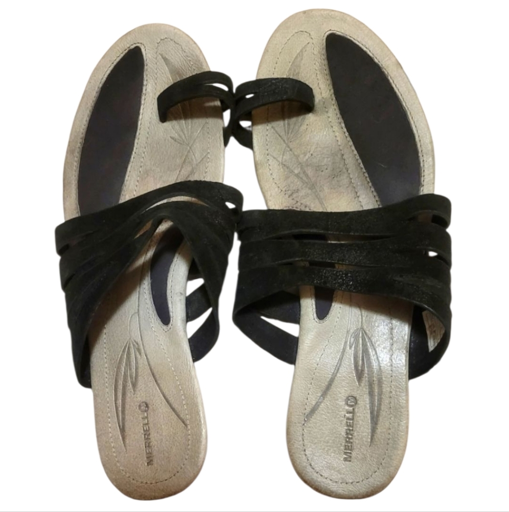 Merrell Black Leather Strappy Slide with Toe Loop Sandals